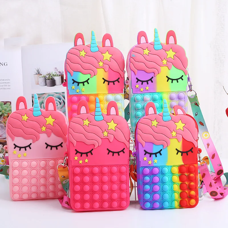 

2022 ready to ship Hot Sale fashion little girl popit kid Cute Chain Silicone pop it unicorn kid coin Purse and Handbags, Black/yellow/red/green/pink