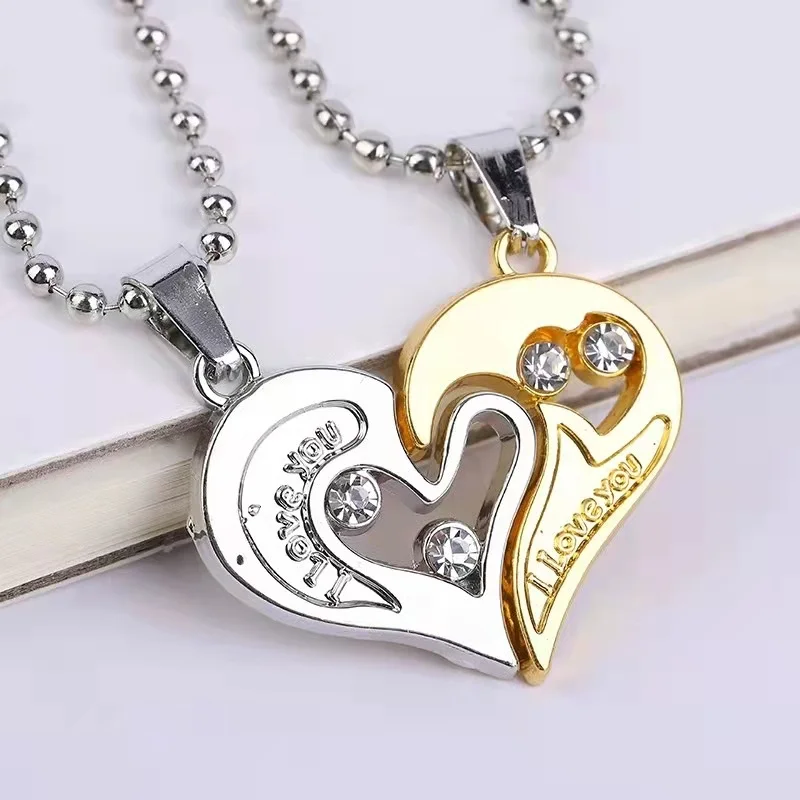 

Hot Sale Couple Crystal Heart Necklace 2pc Pair of Two Tone Heart Pendant Jewelry Necklace For Lovers, Purple