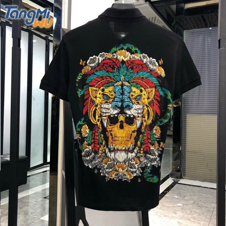 

High Quality Luxury Brand Men's T-Shirts 100% Cotton Rhinestones Skull Black Golf Polo T-Shirts