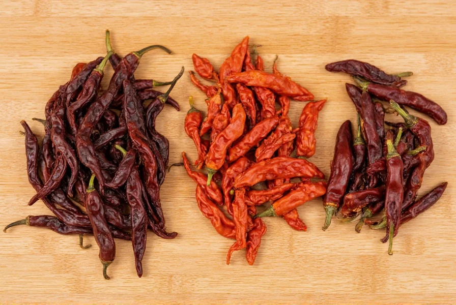 Close-up comparison of dried guajillo chilies next to common substitutes like ancho and pasilla peppers on wooden cutting board