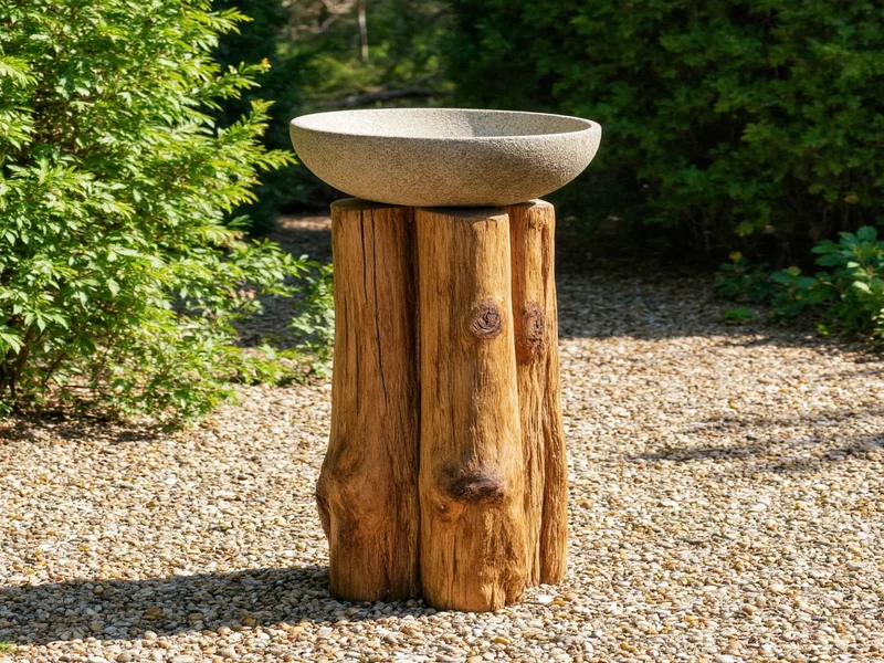 Reclaimed wood stand supporting stone bird bath basin