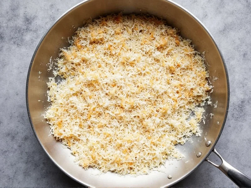 Toasted shredded coconut in skillet for homemade cake
