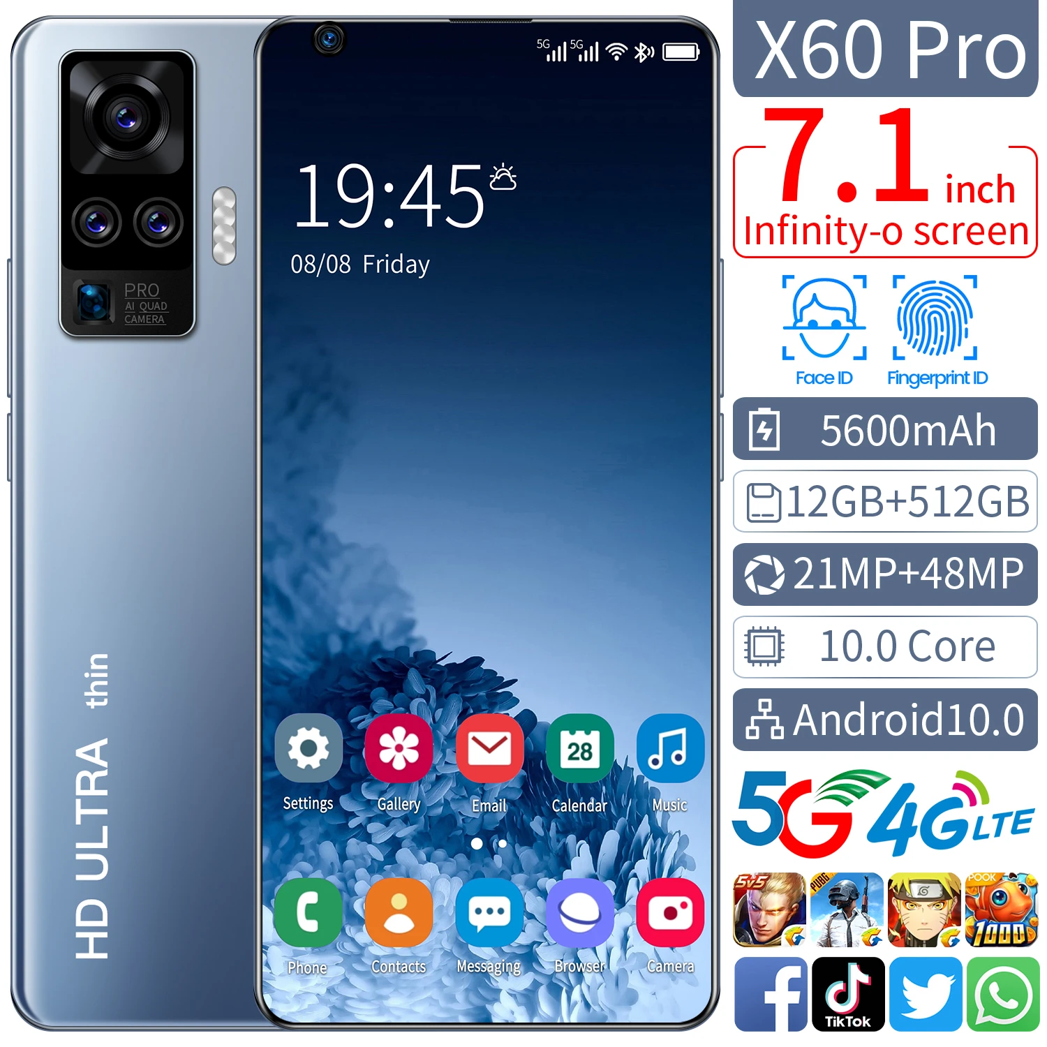 

X60 Pro 7.1inch 3040x1440 MTK6799 10-Core Android Smartphones 12GB+512GB 4G/5G Cellphones 5600mAh Large Capacity Mobile Phone
