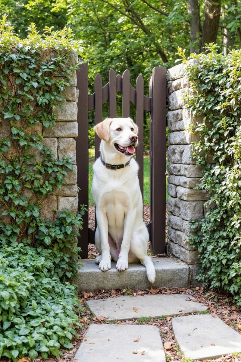 Dog and owner playing fetch in a grassy garden with gate