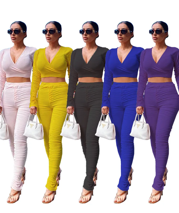 

Casual Sweatsuit 2 PCS Plain Color Stacked Long Sleeve Tops Pants Two Piece Set Women Tracksuits