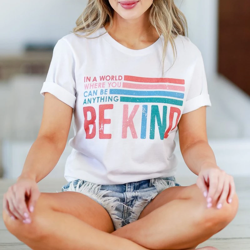 

in A World Where You Can Be Anything Be Kind T-Shirt Women Inspirational Graphic Tee Casual Short Sleeve Tee Tops, Customized color