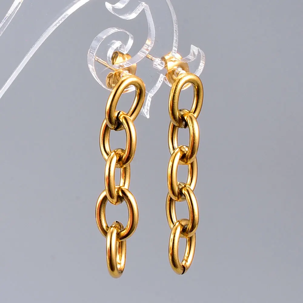 

Bohemia Women 18K Gold Plated Oval Chain Link Dangle Stud Earring Wholesale Stainless Steel Metal Thick Link Chain Drop Earring