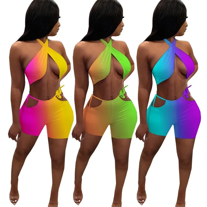 

Custom Logo Two Piece Set Women Summer Sweat Suits Halter Crop Top Bandage Hollow Biker Shorts Sexy Night Club Outfits, Green/yellow/purple