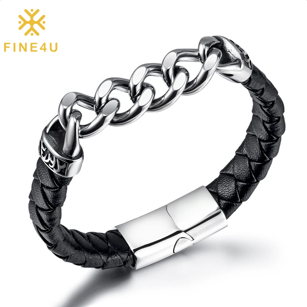 

New Design Punk Hip Hop Jewelry Stainless Steel Link Chain Magnetic Clasp Luxury Leather Bracelet