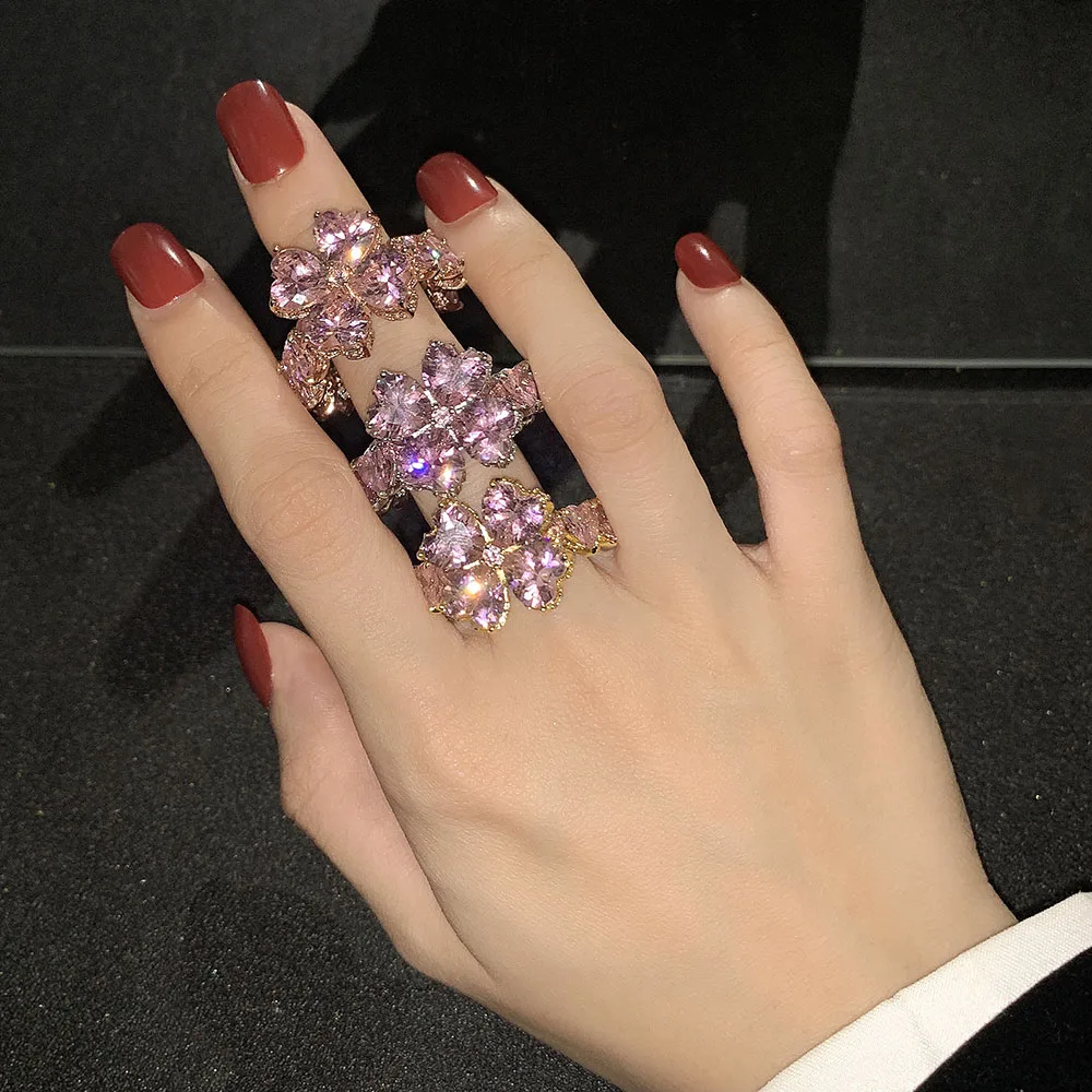 

Elegant Four-petal Flower Shape Heart Shape Zircon All Around Romantic Women Ring, Silver gold