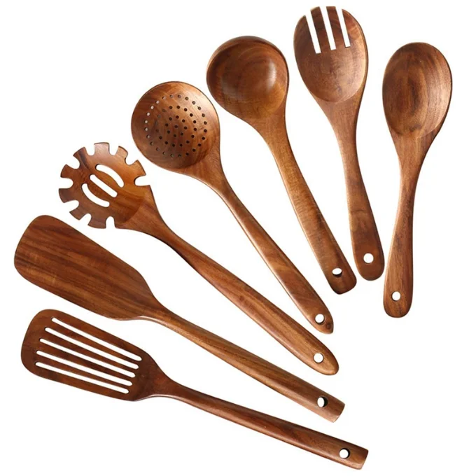 

DiYue Housewares DIY205201 Pack of 7 Kitchen Teak Acacia Wood Spatula Ladle Salad Spoon Fork Cooking Tool Wooden Utensils Set, Natural wood color