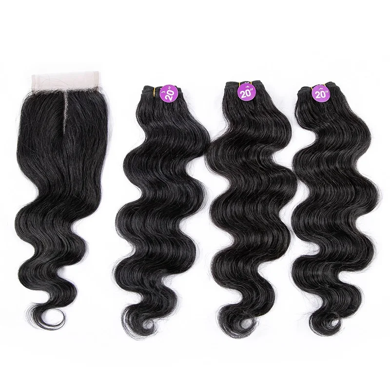 

Wholesale factory price 20 inch blend Human Hair 3 Bundles with T part closure