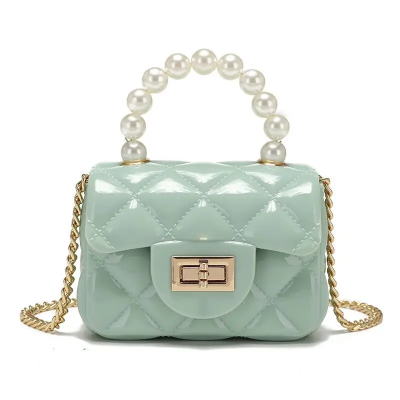 

Wholesale candy color little girl purpose cute Trendy pearl handle metal hard chain kid mini pvc jelly bag handbags, Cute candy color