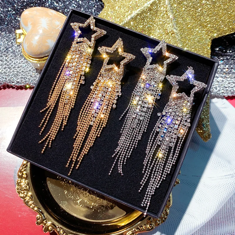 

Luxury Sparkling Bling Full Rhinestone Crystal Long Tassel Drop Earrings 925 Silver Five-Pointed Star Stud Earrings Women