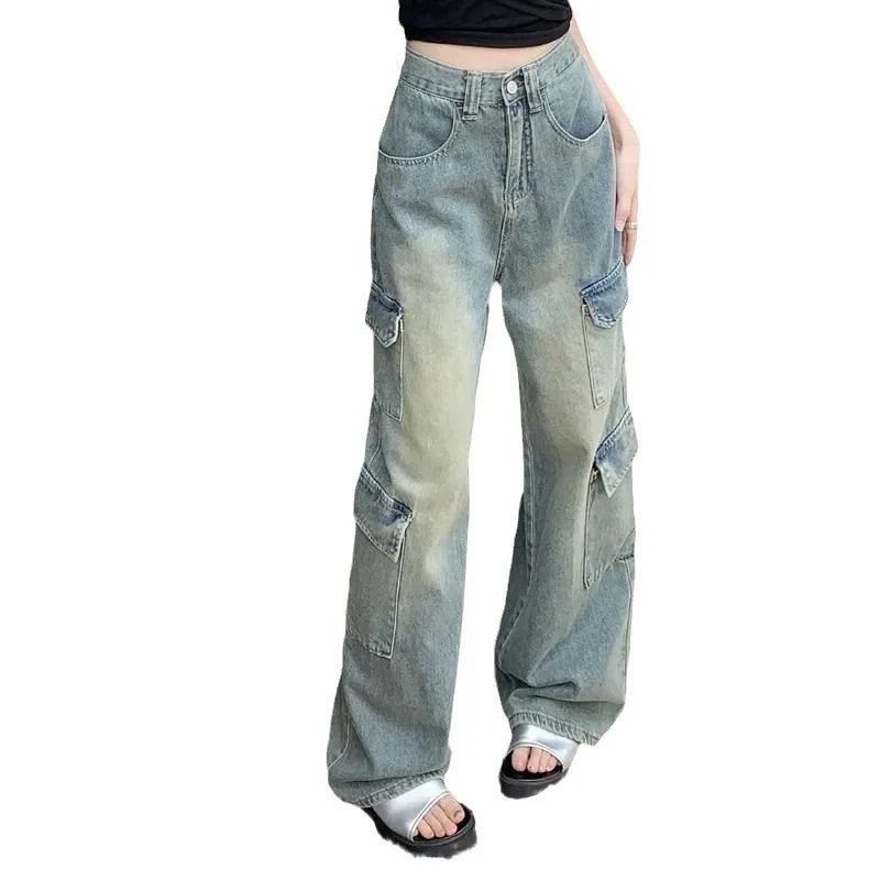 

Retro tooling jeans Women's summer Sweet cool Loose High waist Slimming straight Wide leg pants Mop pants