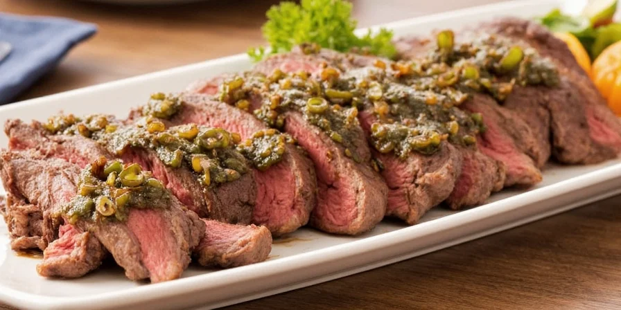 Finished steak presentation with green pepper sauce