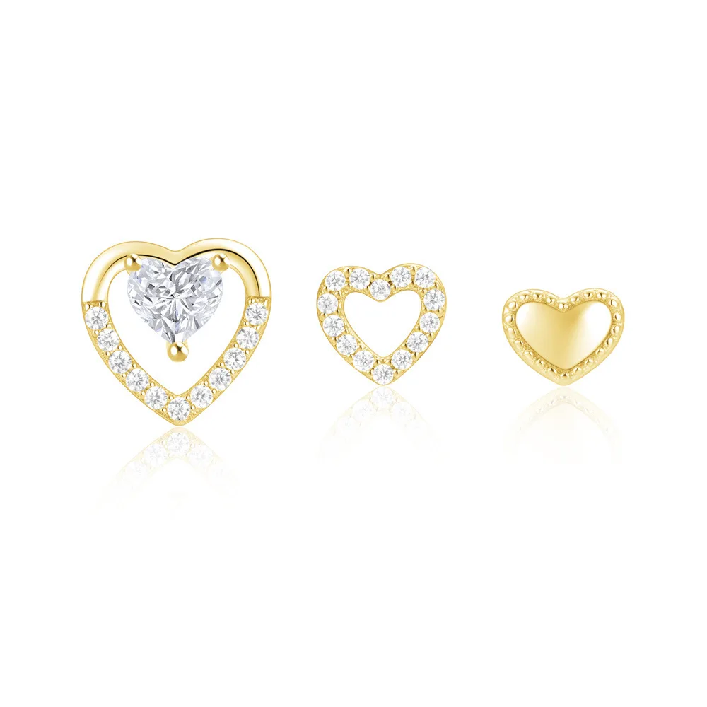 Fashion Earrings Set Jewelry 925 Sterling Silver Hollow love Heart Diamond Zircon Plain Gold Plated Stud Earrings for Women
