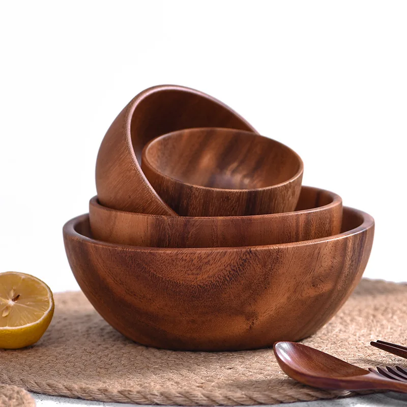 

20CM Salad Bowl High Quality Hand Made Solid Wood Kitchen Utensils Tableware Acacia wood Salad Wooden Bowl, Natural color