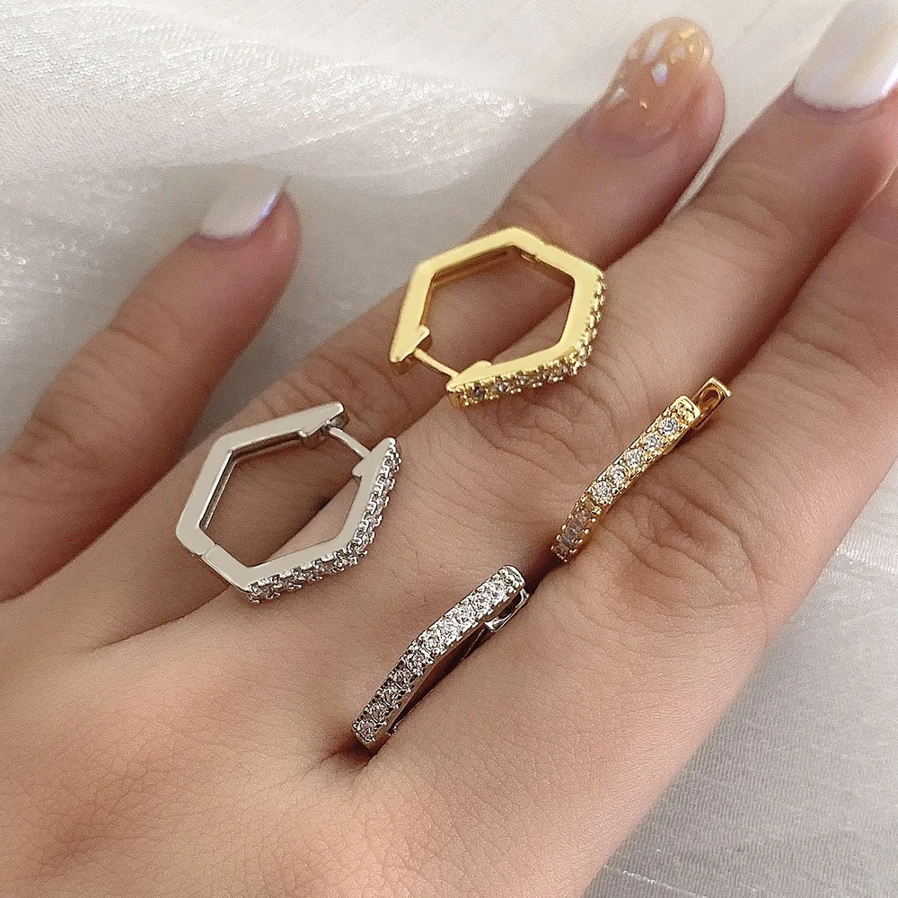 

Wholesale earring 18k gold white gold hexagon iced out diamond hoop earrings, Gold/silver