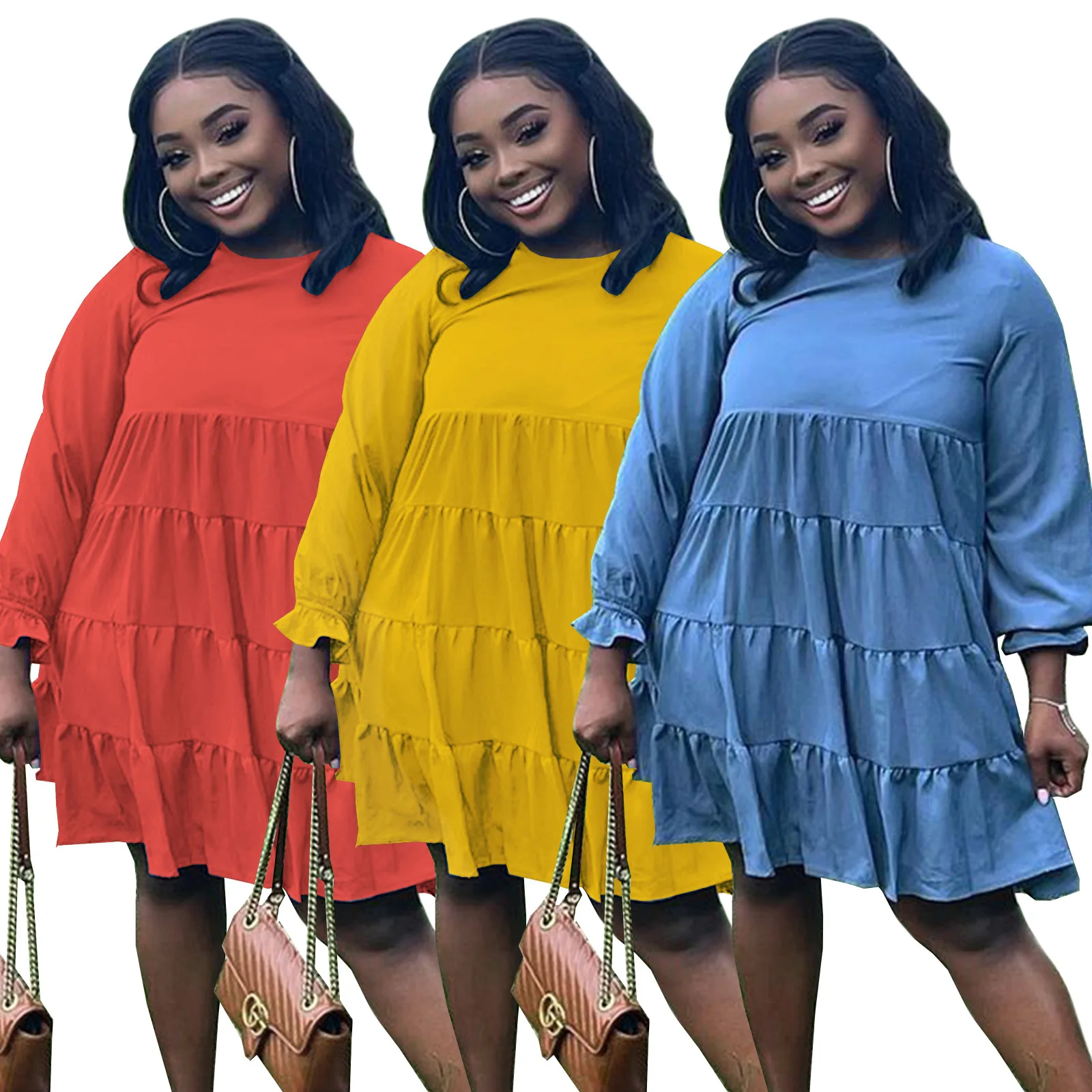 

Autumn Female Cute Pleated Long Sleeved Woman Vestido Dress Sexy Plus Size 5Xl Mini Skirt Short Dresses Women's Clothing