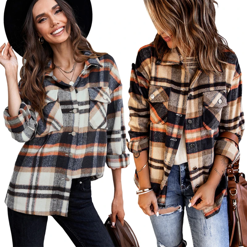 

2021 Custom New Stylish Casual Winter Designer Ladies Shirt Jacket Coat Women Plaid Shacket, Customized women plaid jackets