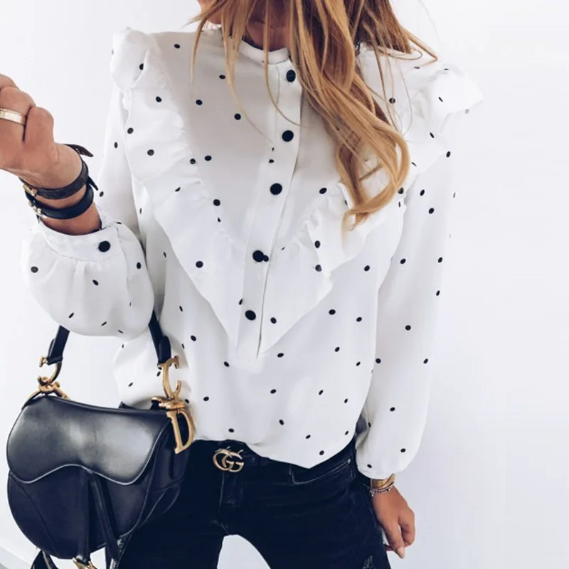 

2021 Spring Lady Autumn Long Sleeve Polka Dot Ruffle Blouse Elegant Casual O Neck Buttons Pullover Women streetwear, As pictures