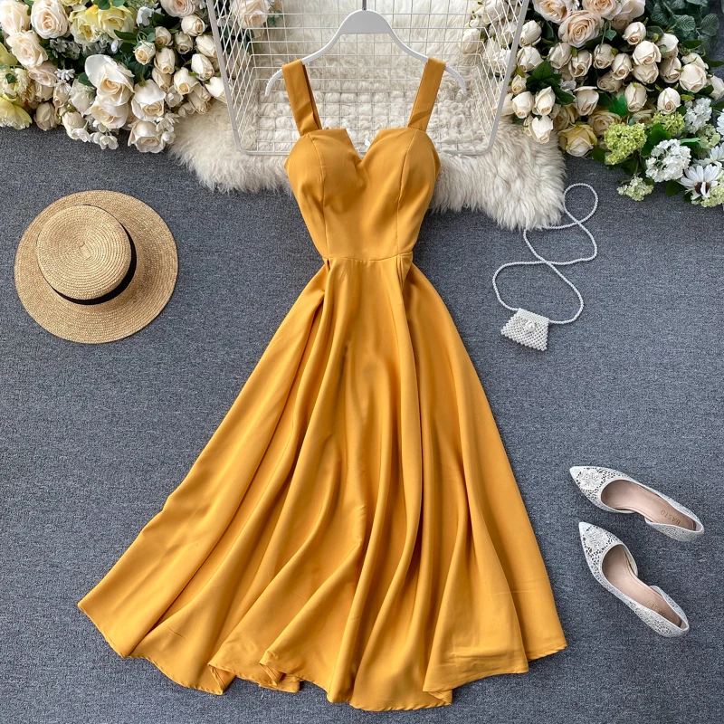 

Summer Women V-Neck Sleeveless Backless Retro Solid Color Long Female Casual Dresses