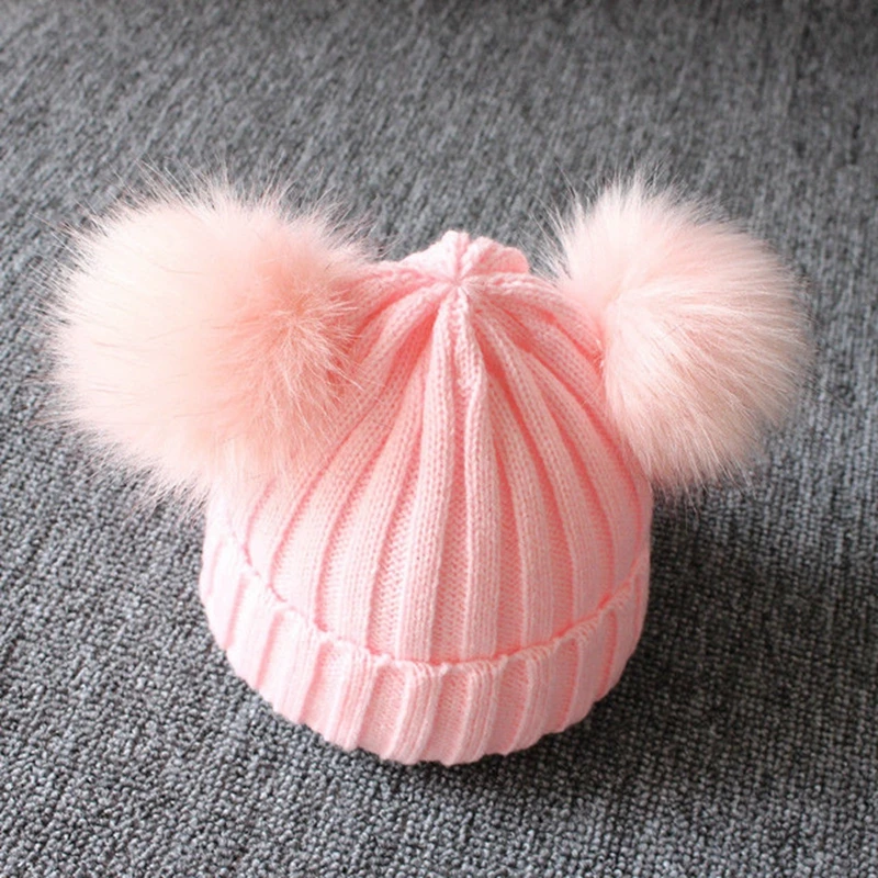 
2019 Brand New Newborn Baby Kids Girls Boys Winter Warm Knit Hat Furry Balls Pompom Solid Warm Cute Lovely Beanie Cap Gifts 