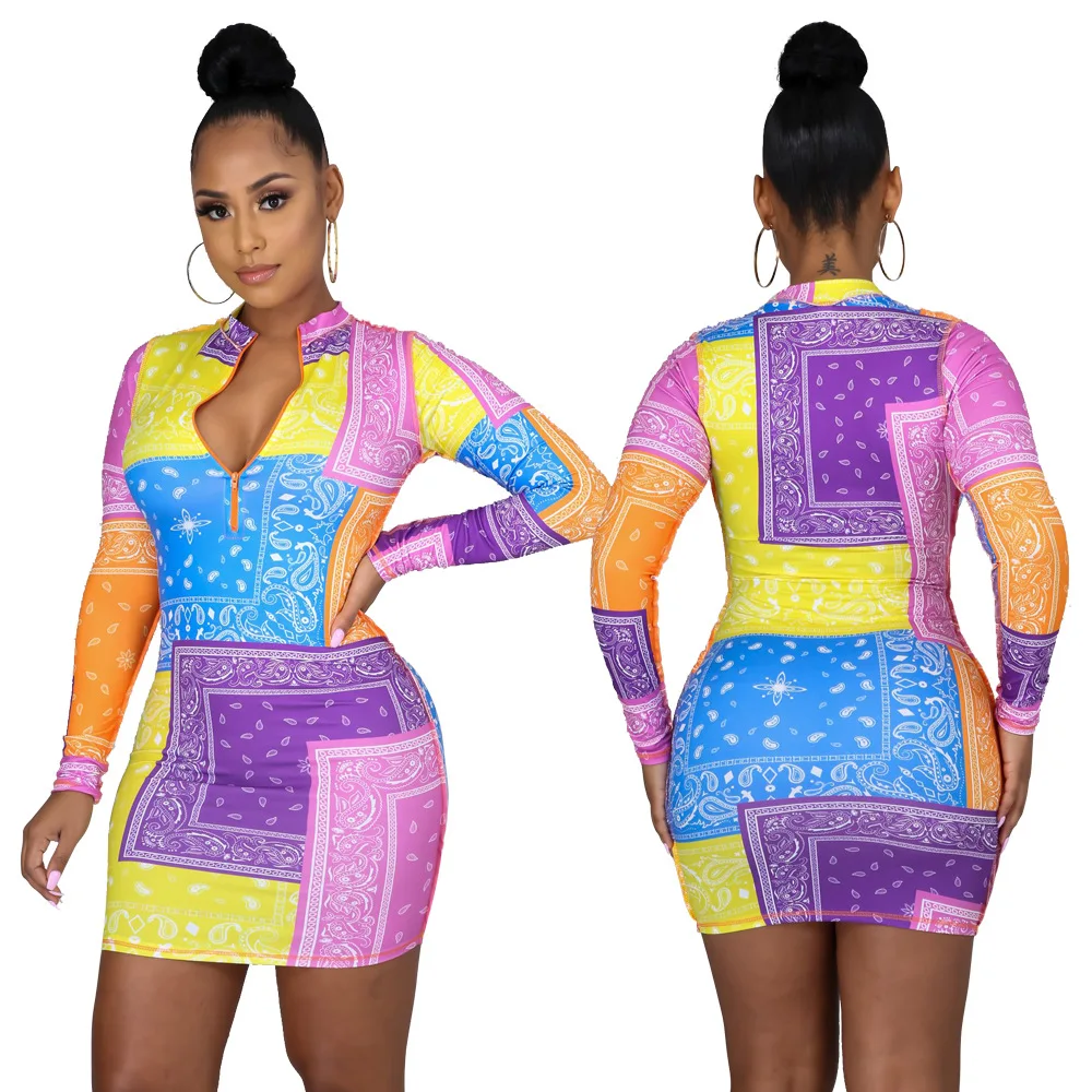 

womens casual dresses Wear Color Block Printed Long Sleeve Plus Size Dress 2021 women Fashion Clothing Sexy Spring mini Dress, Multicolor