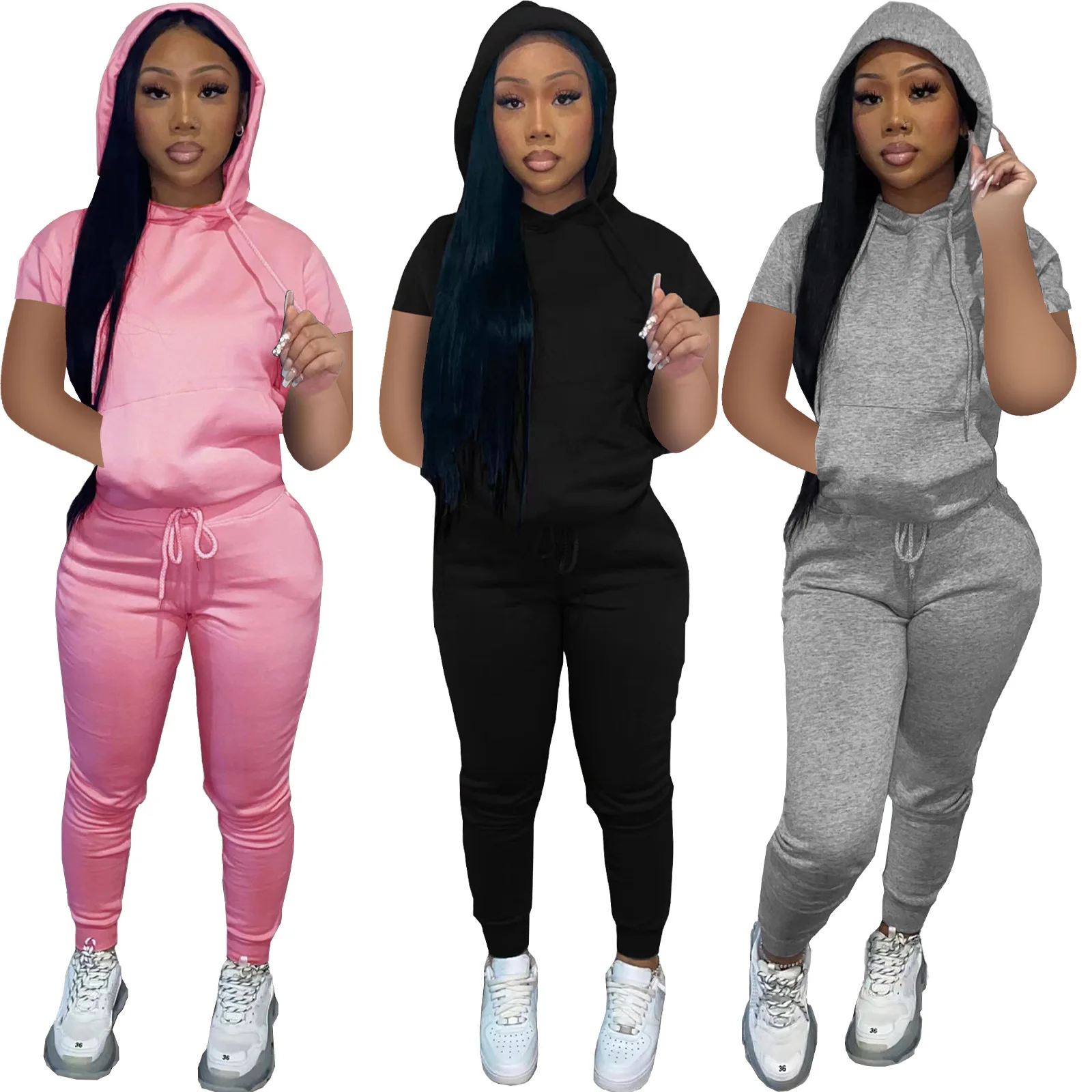 

Wholesale 2021 Blank Tracksuit Solid Colors Short Sleeve Sweatsuit 2 Piece Hoodie Jogger Set Women