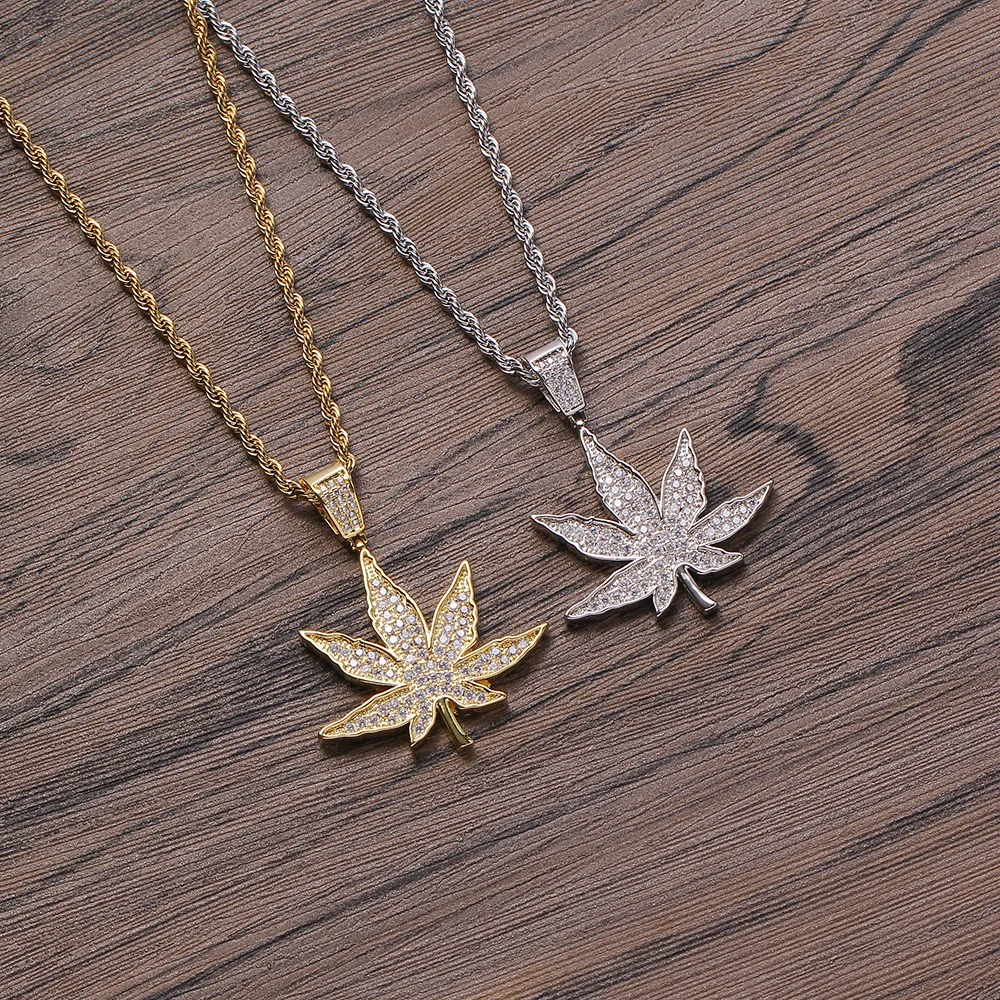 

2021 Sailing Jewelry Iced Out CZ Leaves Pendant Necklace For Mens Hip Hop Zircon Leaves Necklace