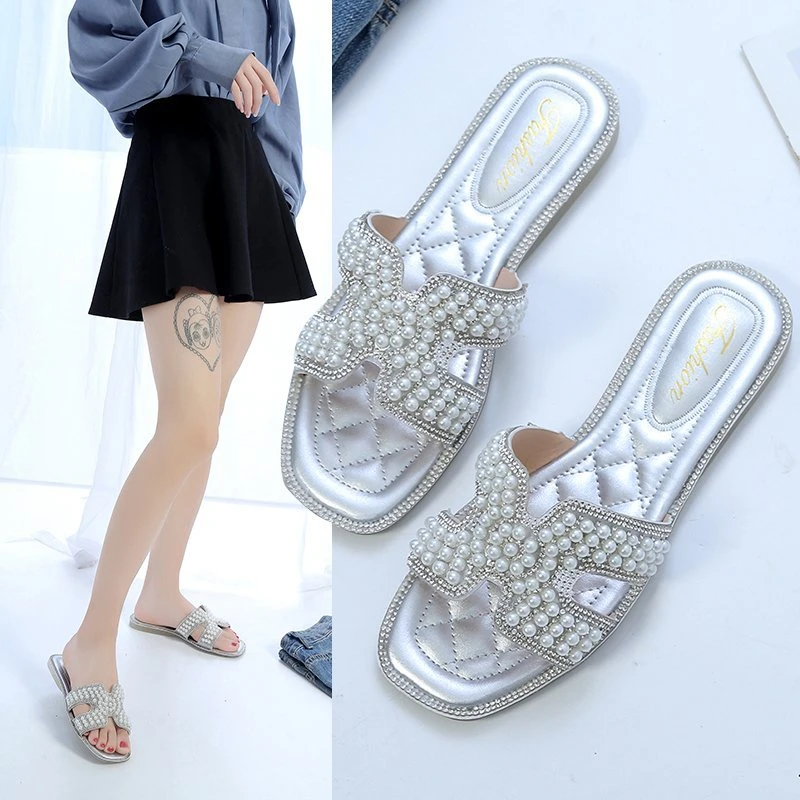 

Summer Lady Flat Open Toe H Pearl Sandalsflat Slippers For Women And Ladies Open Toe Flat Slides Women Slippers Women Sandals, Picture