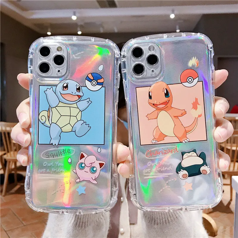 

For iPhone 11 Pro Max XsMax X 7 8 Pokemon Poke Ball Charmander Squirtle Laser Glitter Case, Clear