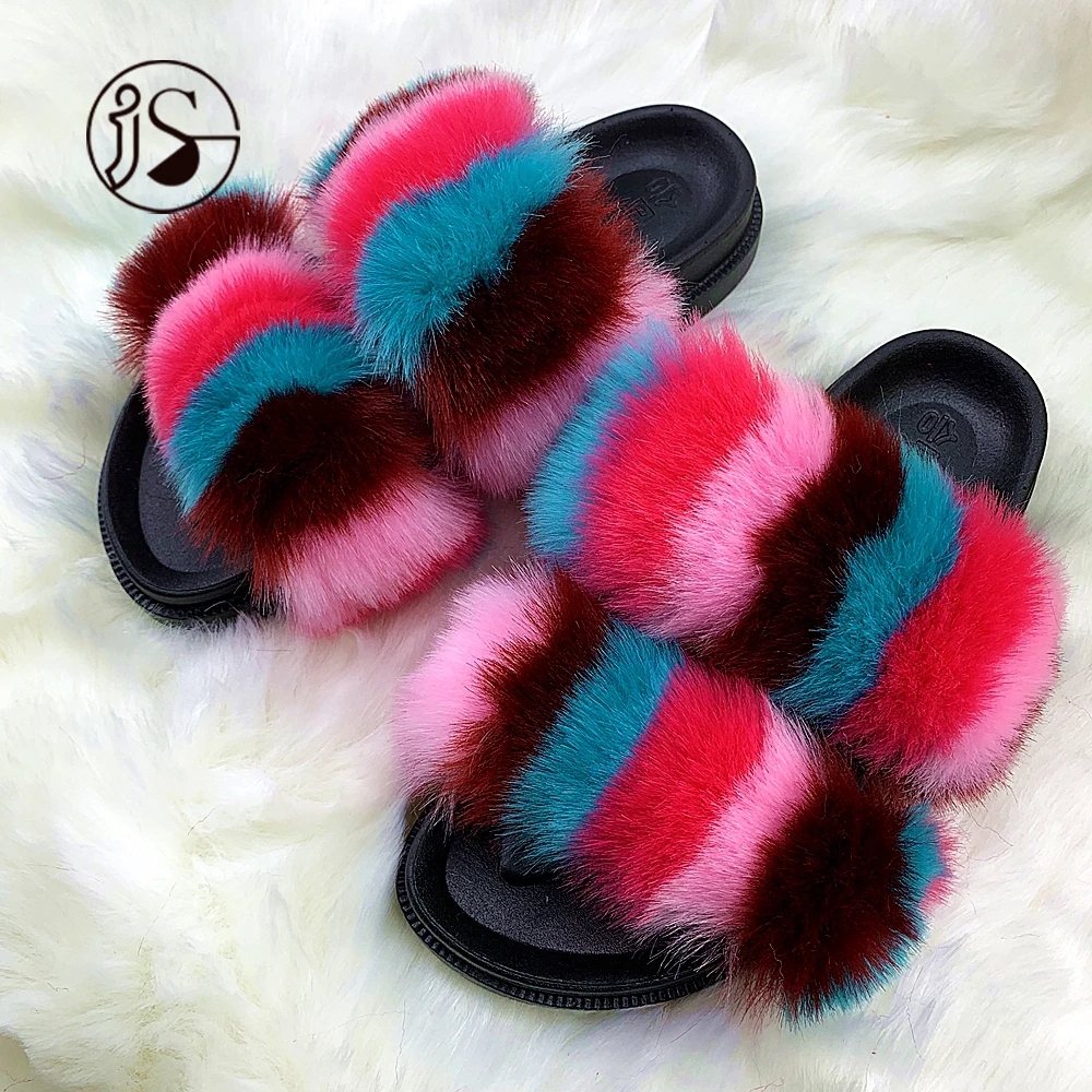 

2021 Fashion Exquisite Factory Direct Wholesale Double Band design Women Fur Slippers Big Fluffy Furry Sandals, Picture