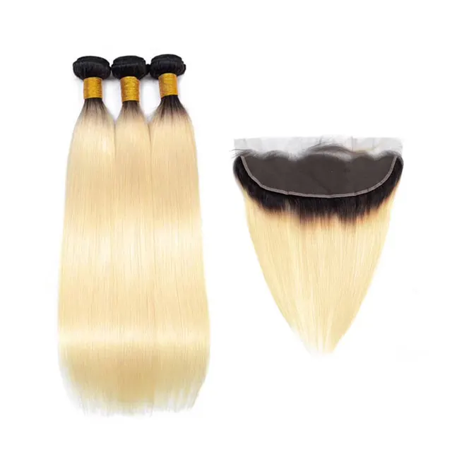 

High Quality Russian Blonde Human Hair 1B/ 613 Blonde Straight Hair 3 Bundles with Frontal