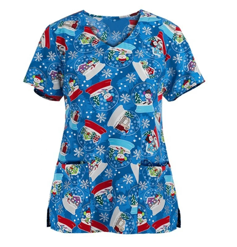 

Christmas printed polyester spandex uniform suit pattern nursing shirts nurses medical Christmas scrubs top