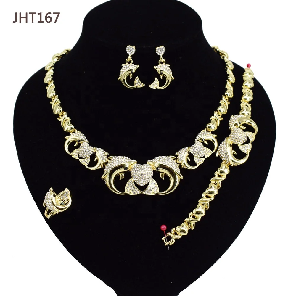 

JHT167 Wholesale women's crown 4piece dolphin xo jewelry set women, 18k gold plated color