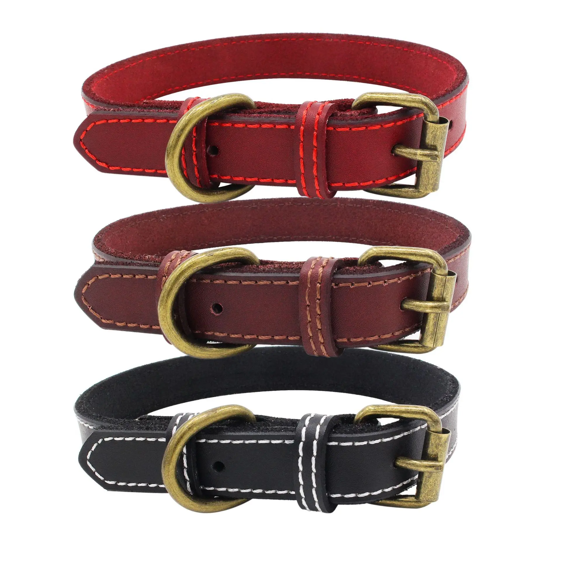 

Factory Sales Retro Leather Vegan Bronze Buckle collares para perros Dog Necklace Dog Collar, Black/red/brown