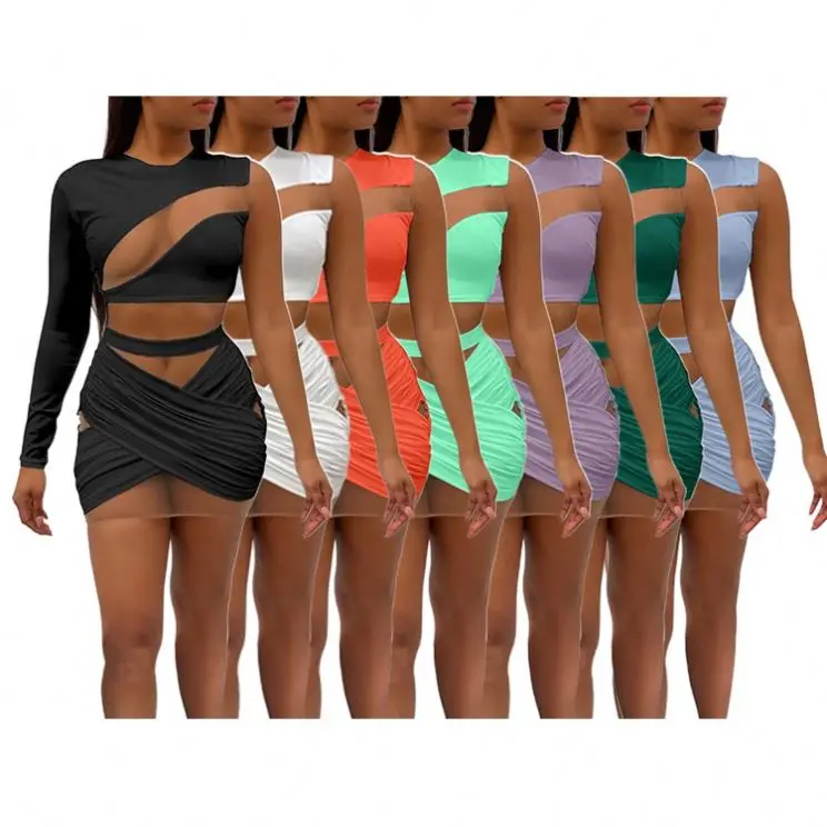 

Summer Ladies Clothing One Sleeve Skirt Mesh See Through Women Two Piece Set Outfit