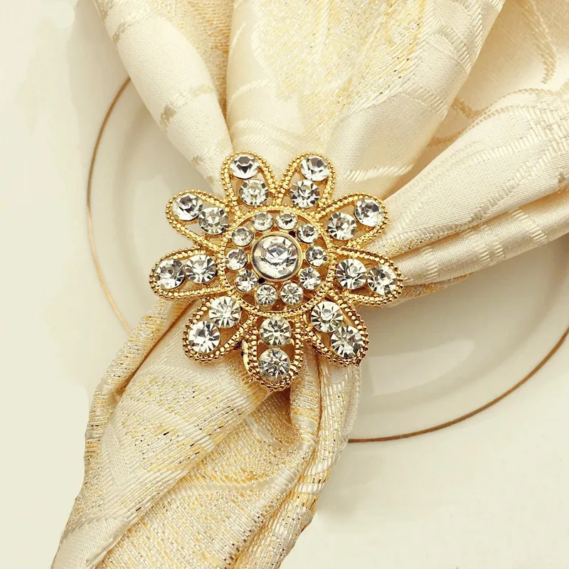 

New Gold Sun Flower Napkin Rings Cheap Metal Rhinestone Napkin Rings Holder Wedding Napkin Rings for Table Decoration HWD65