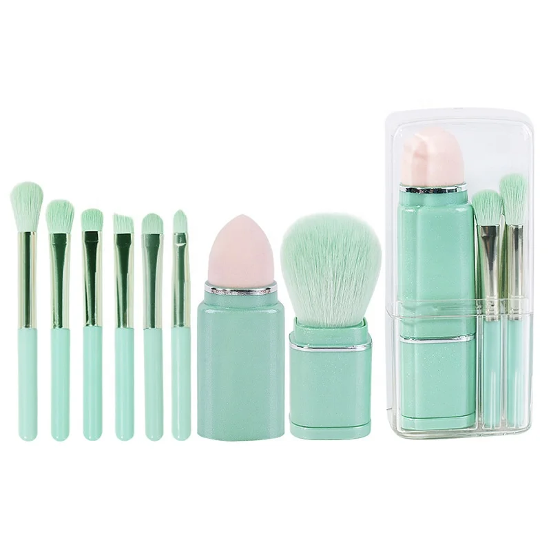 

Retractable Travel Small Portable 8 in 1Makeup Brush Set with Beauty Sponge Foundation Blending Powder Brushes, Color gradient