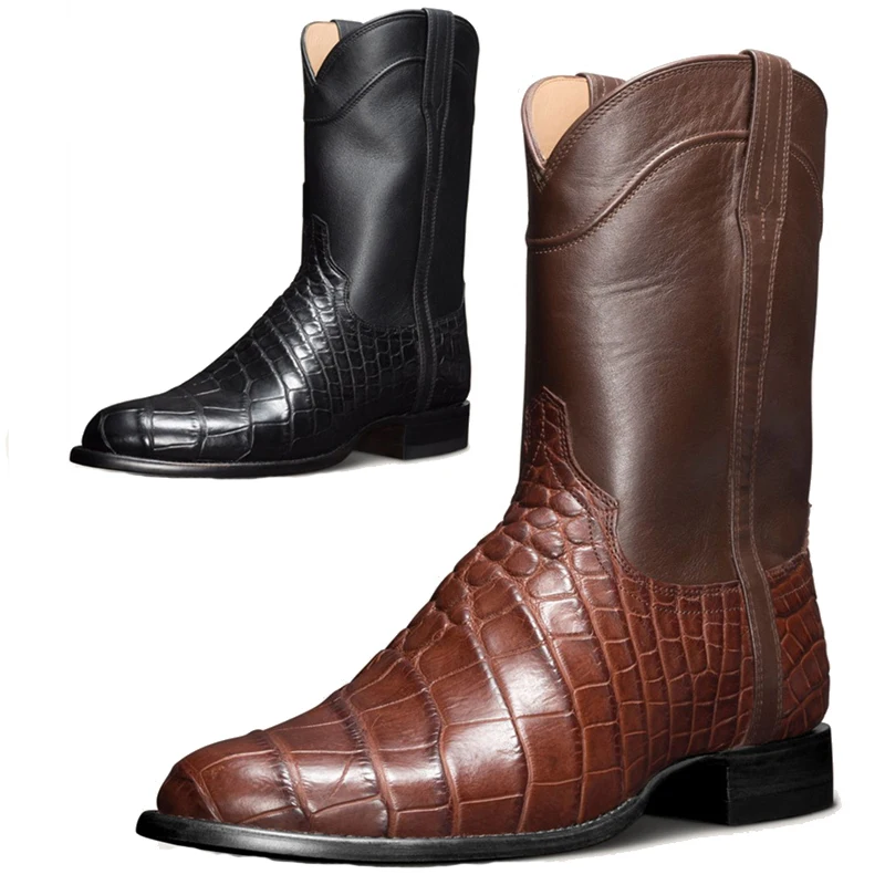

Mens Pointed Toe Crocodile Pattern Chunky Heel Mid-Calf Boot Cowboy Shoe Chelsea, Brown