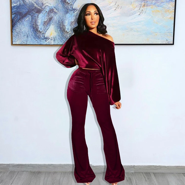 

Winter Sets 2021 Casual Outfits For Women Solid Ladies Trousers And Top Inclined Shoulder 2 PC Pants Set, Wine red,white,black,coffee,dark green