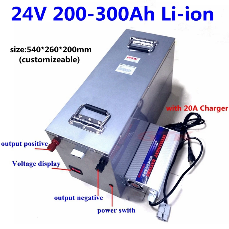 

Waterproof Lithium 24V 300Ah 280Ah 260Ah 250Ah 230Ah 200Ah Li ion battery pack for trolling motor solar energy ebike+20A Charger