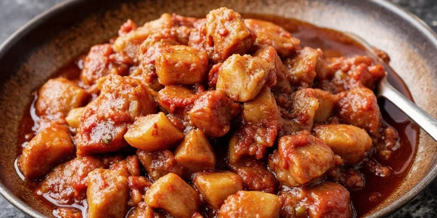 Pork belly gently simmering in a clay pot with lid slightly open.