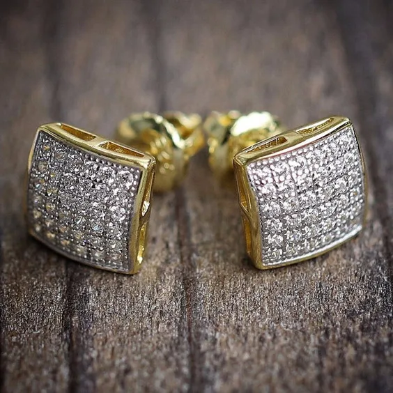 

Gold Color Iced Out Square Bling Stud Earring Men Hip Hop Luxury Rhinestone Geometry Stud Earrings