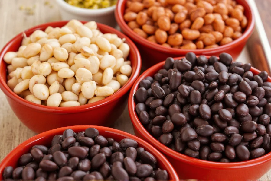 Close-up of different bean varieties used in chili recipes: kidney beans, pinto beans, black beans, and great northern beans arranged in small bowls
