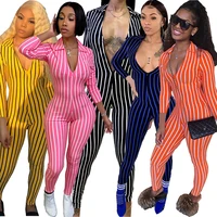 

10430NA FashionOsina wholesale fashion sexy V neck long sleeve stripe print casual bodycon jumpsuit women 2019