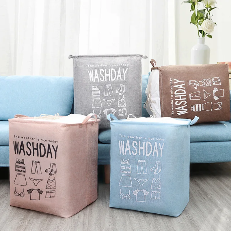

A2822 Household Dampproof Cotton & Linen Bags Handle Laundry Quilt Storage Drawstring Bag Foldable Clothes Storage Basket, As picture