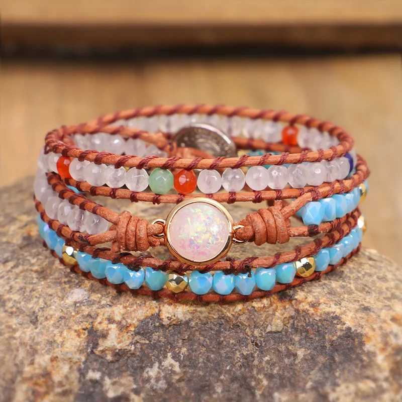 

Bohemian Leather Bracelet Opal Natural Stone Multilayer Bracelet Handwoven Crystal Beads Bracelet for Women(KB8463), As picture